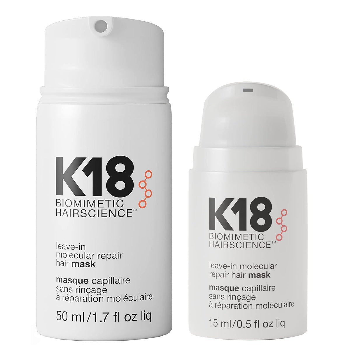 K18 Leave-In Repair Hair Mask, 4-Minute Speed Treatment, Renews Hair Damage From Color, Chemical Services Heat (1 of each 50ml & 15ml).