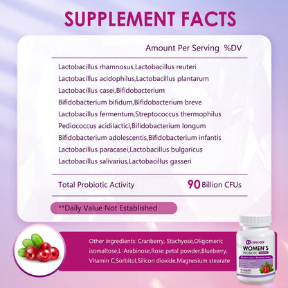 OMOGS 2PCS Women's Probiotic, with Cranberry Extract, Organic Prebiotics & Vitamin C, 90 Billion CFUs,18 Strains, Help for Boost Immune, Digestive, Gut Health & Women's Health,180 Tablets