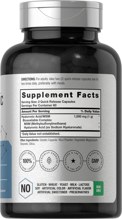Horbäach Hyaluronic Acid with MSM | 1000 mg | 120 Capsules | Non-GMO and Gluten Free Supplement | Bioavailable Formula