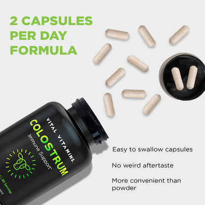 Vital Vitamins Colostrum Supplement - Vitamin C, Zinc, & Selenium - from First Milking - Standardized to Contain 10% IgG Immunoglobulins - Grass-Fed American Cows - 60 Capsules