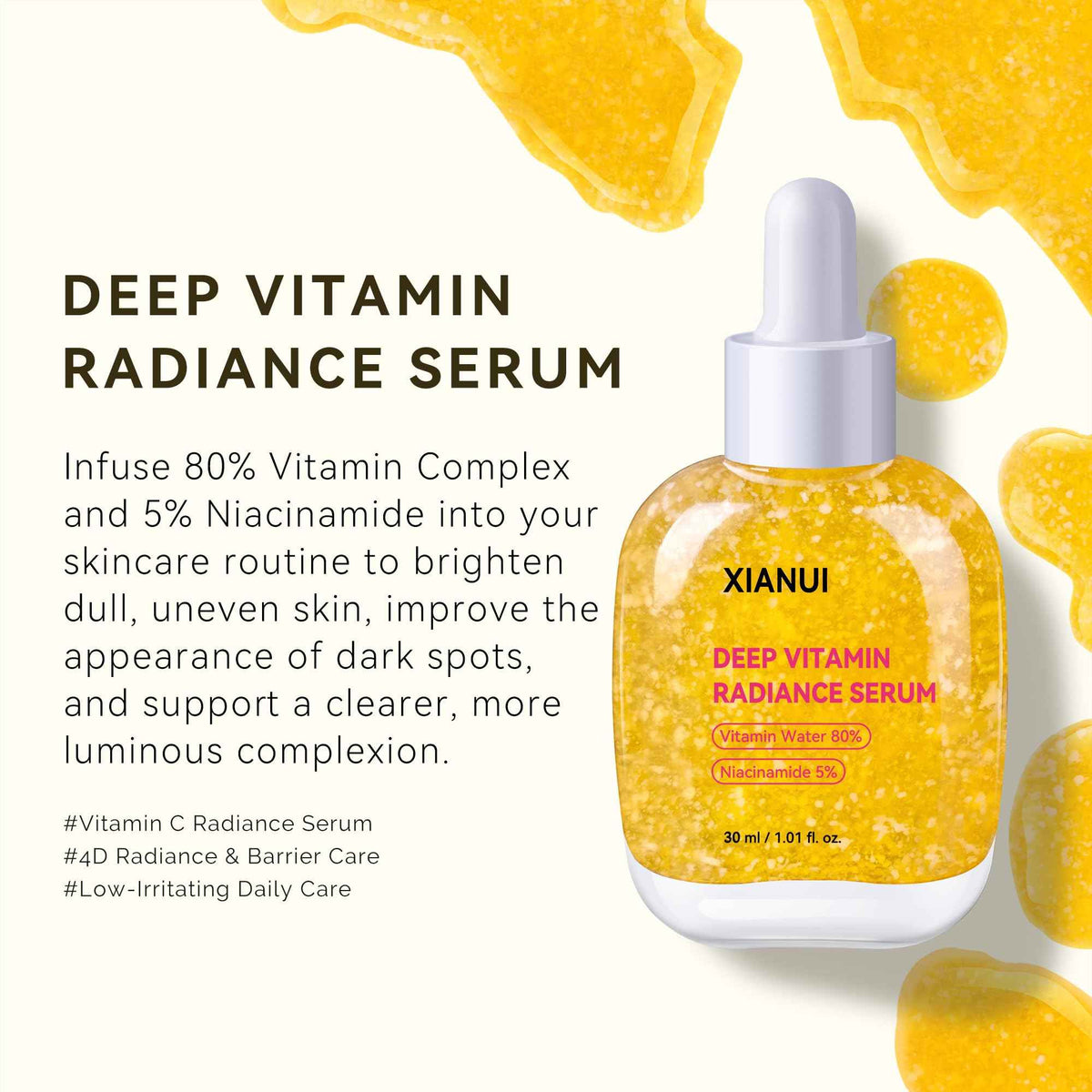 XIANUI Deep Vitamin Radiance Serum - 5% Niacinamide + TXA + Vitamin C - Brightening & Hydrating Face Serum with Ceramide & Triple Hyaluronic Acid