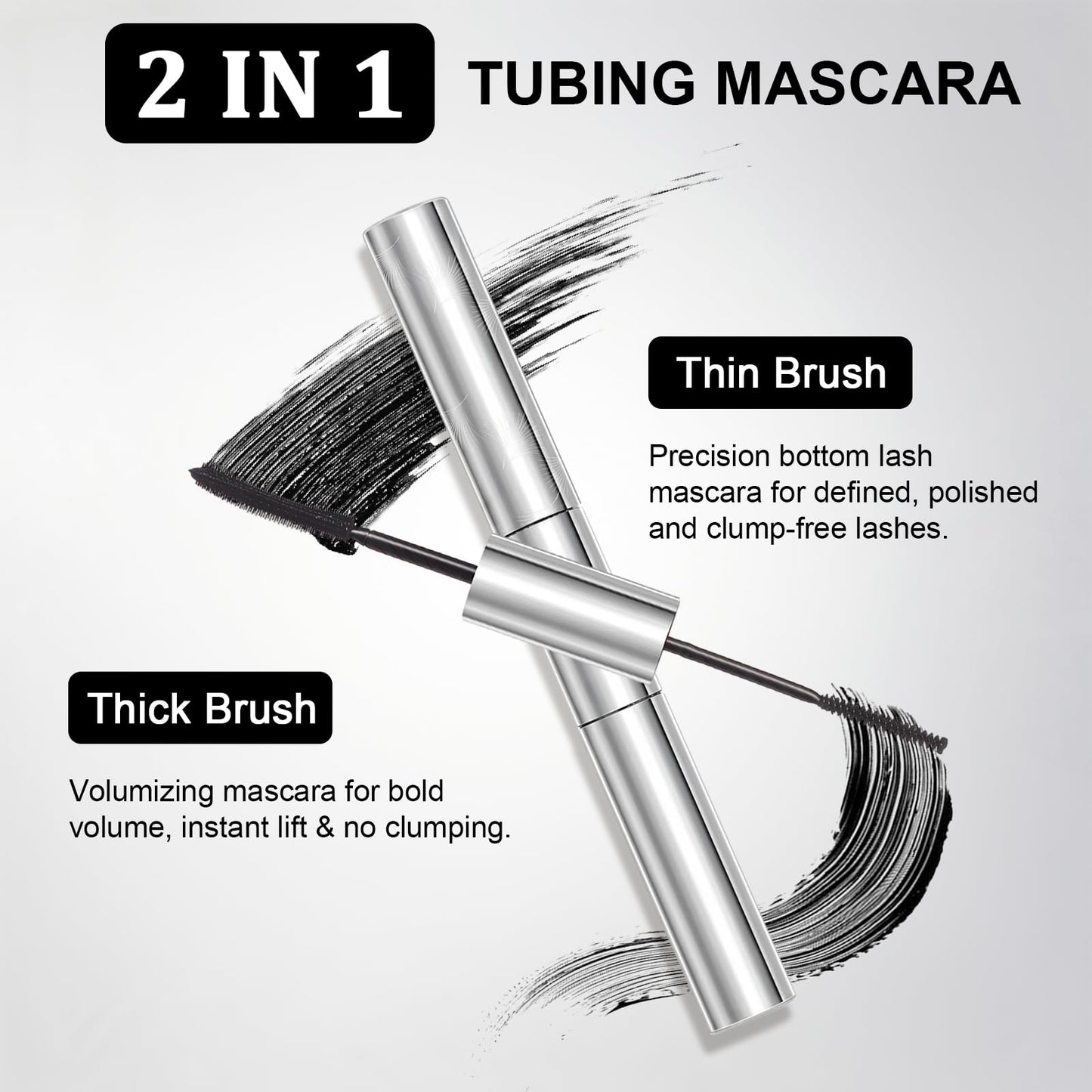 Tubing Mascara for Older Women 60 Plus, Double Ended Black Mascara, Lengthening Volumizing 2-in-1 Mascara for Short Multi-layered Lashes, Smudge Proof Easy Warm Water