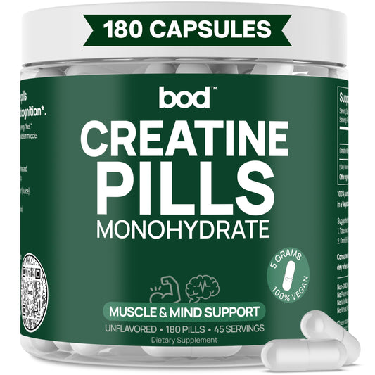 Bod Creatine Monohydrate Capsules – 45 Servings (4 Capsules = 5 g) – Ultra-Pure 200 Mesh Creatine Monohydrate – Strength