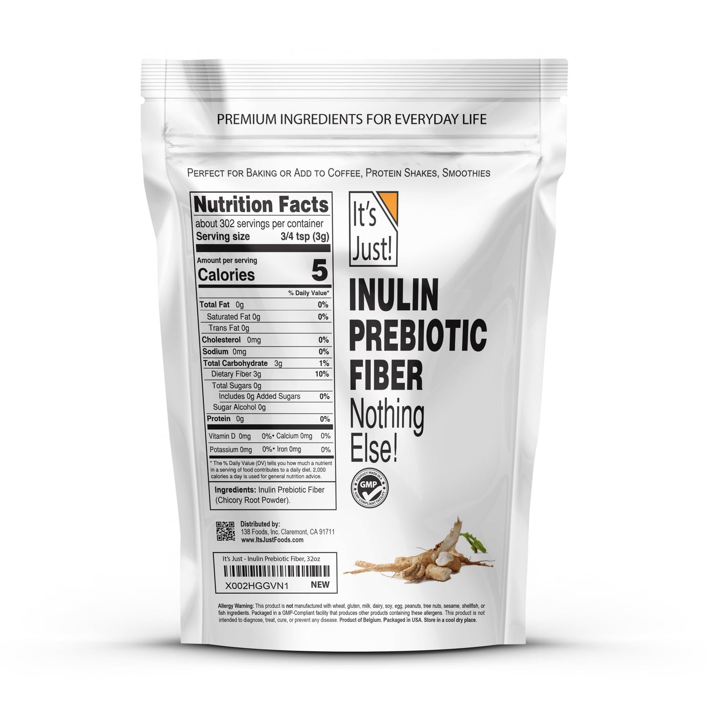 It's Just! - Inulin Prebiotic Fiber, Water Soluble, Chicory Root Powder, Promotes Gut Health, Made in USA, Product of Belgium, Vegan/Keto Friendly