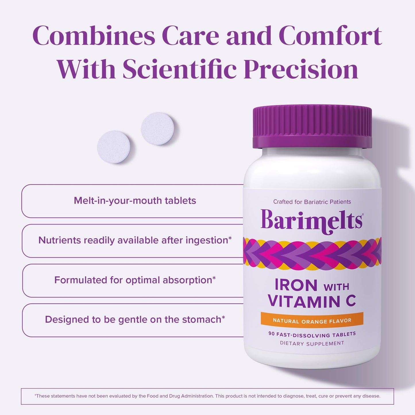 Barimelts Iron with Vitamin C, 90 Fast-Dissolving Tablets (1-Month Supply), Sugar-Free Bariatric Iron Supplement for Women, Natural Orange Flavor
