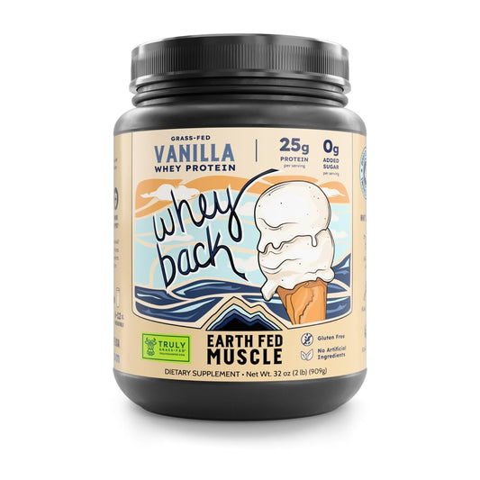Earth Fed Muscle Whey Back Irish Grass Fed Whey Protein Isolate, Third-Party Certified. 25g Protein, Vanilla - Non-GMO, Hormone Free, Soy Free, Gluten Free - 2 LB, 29 Servings