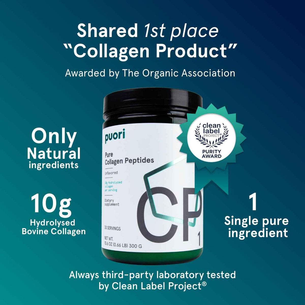 Puori Pure Collagen Peptides Powder, Unflavored - 10g of Grass-Fed Hydrolyzed Bovine Collagen Supports Skin Health, Hair & Nail Strength,