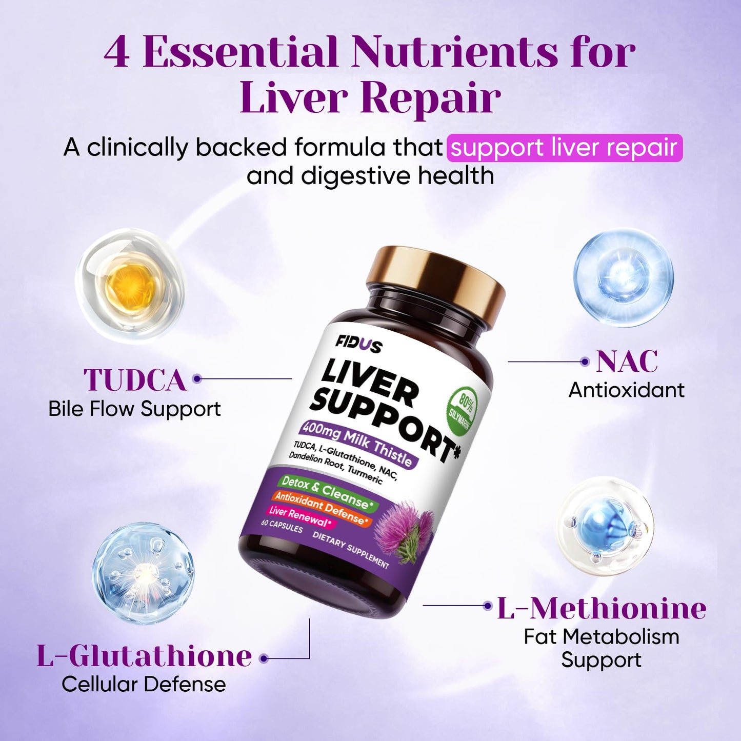 Fidus Milk Thistle Liver Liver Cleanse Detox & Detox Capsules - 400mg Silymarin with TUDCA, NAC, Turmeric & Dandelion Root for Liver Support - 60 Capsules