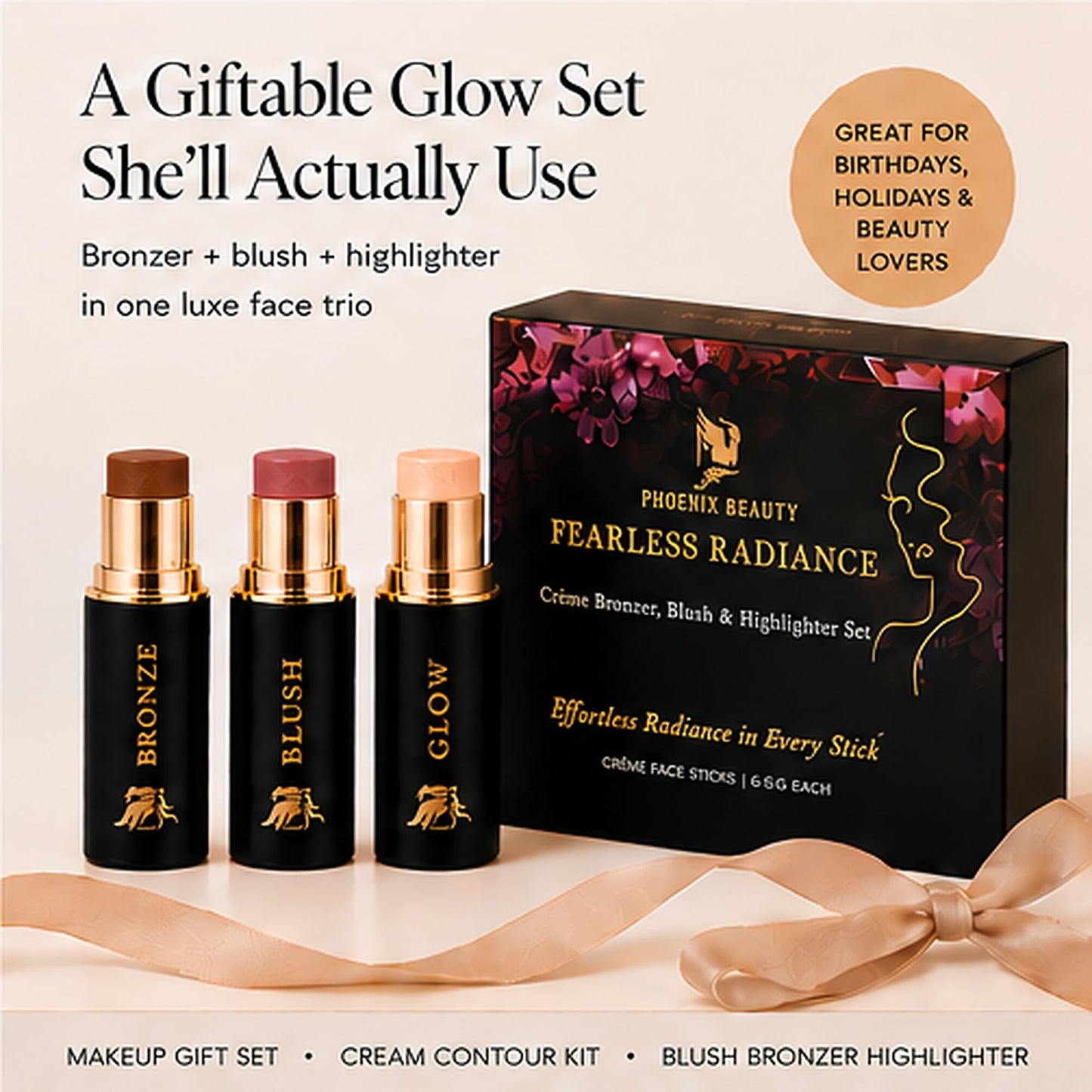 Cream Contour Stick Set – Blush, Bronzer & Highlighter Trio | Hydrating, Buildable, High-Pigment Makeup with Shea Butter & Vitamin E | Phoenix Beauty Gift Set (Enchanted)