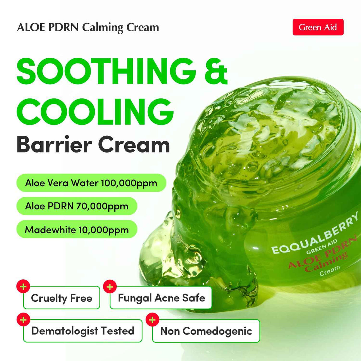 EQQUALBERRY ALOE PDRN Calming Cream | 7% Aloe PDRN & 10% Aloe Vera Water + 5-Cica | Cooling Gel Moisturizer for Oily Skin, Barrier Repair & Blemish Marks