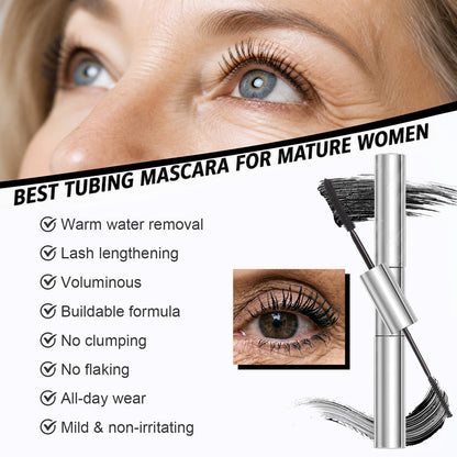 Tubing Mascara for Older Women 60 Plus, Double Ended Black Mascara, Lengthening Volumizing 2-in-1 Mascara for Short Multi-layered Lashes, Smudge Proof Easy Warm Water