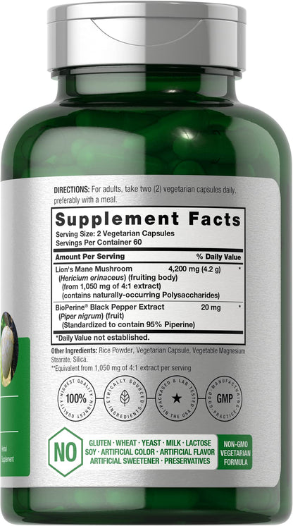 Horbäach Lions Mane Mushroom Extract | 120 Capsules | Vegetarian, Non-GMO, Gluten Free Supplement