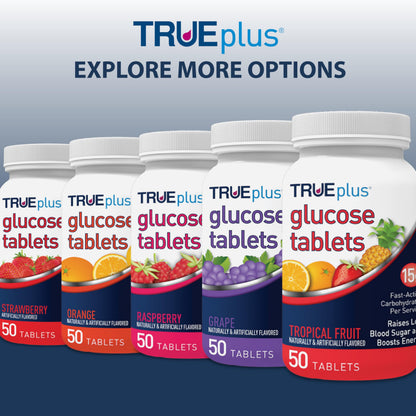 TRUEplus Glucose Tablets, Chewable, Grape, Raspberry, Orange Flavors, 15g Fast-Acting Carbohydrates, Fat Free, Gluten Free, Boost Energy, 50 Count