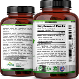 Zazzee Organic Lemon Balm 10:1 Extract, 180 Vegan Capsules, 6 Month Supply, Melissa Officinalis, Calm, Mood, Stress & Relaxation Support, Herbal Supplement, All-Natural, Non-GMO, Made in the USA ZazzeeBuy Supplements Australia