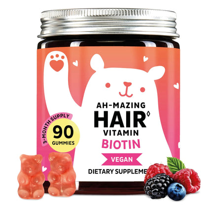 Biotin Gummies for Hair, Skin & Nails. 5,000 mcg High Potency Vegan Vitamins for Faster Hair Growth, Stronger Nails & Healthy Skin. with Vitamins C & E, 90 Gummies Bears with Benefits