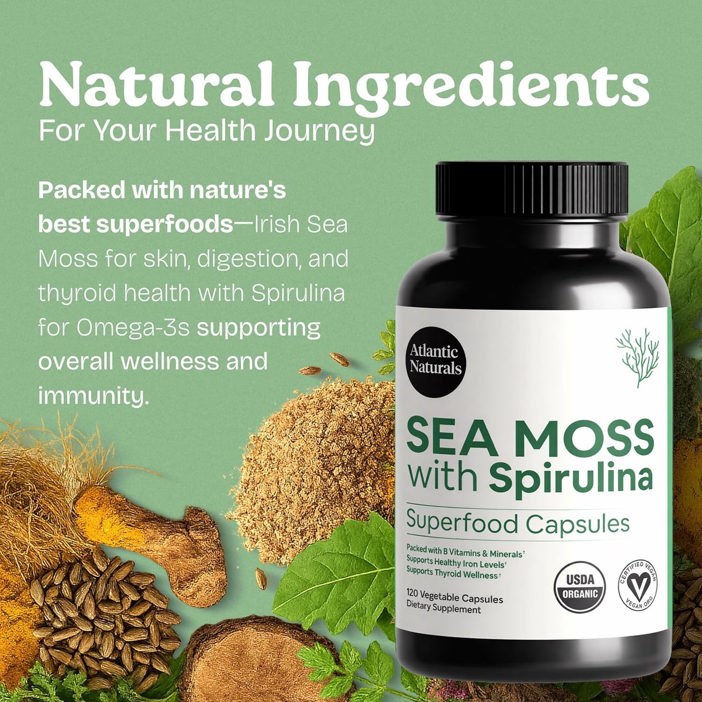 Atlantic Naturals Sea Moss with Spirulina Superfood Capsules - Multivitamin Supplement Supports Healthy Iron and Immune Health, Alternative to Seamoss Gel and Powder