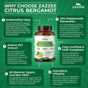 Zazzee Citrus Bergamot 25:1 Extract, 1200 mg Per Serving, 40% Polyphenolic Flavanones, 150 Vegan Capsules, 5 Month Supply, Citrus Bergamia, Antioxidant Support, Certified Kosher, Non-GMO, Made in USA ZazzeeBuy Supplements Australia