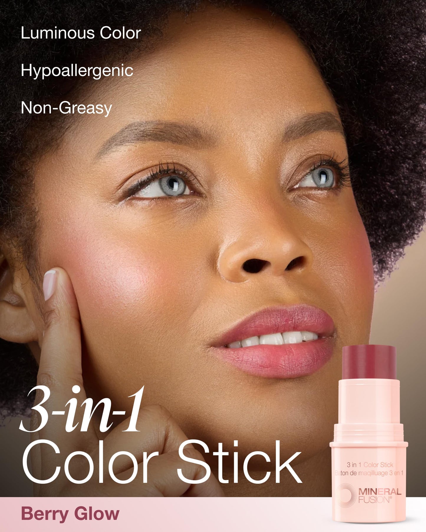 Mineral Fusion 3-in-1 Color Stick - Hydrating Tinted Cream Blush for Cheeks, Lip and Eye - Natural Multi Use Makeup (Berry Glow)