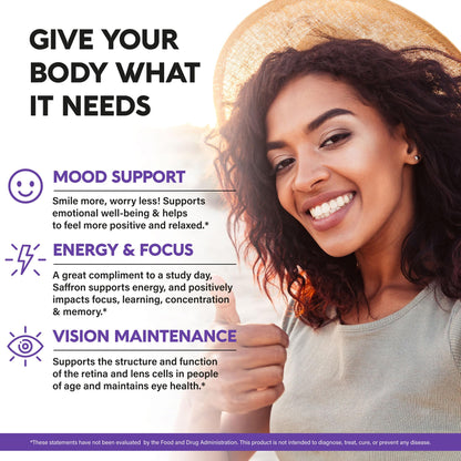 Natural Saffron Supplements - Pure Saffron Extract 88.5 mg - Mood | Focus | Vision | Energy Support - Eye Health for Women & Men - Lab Tested - NonGMO Vegan Pills