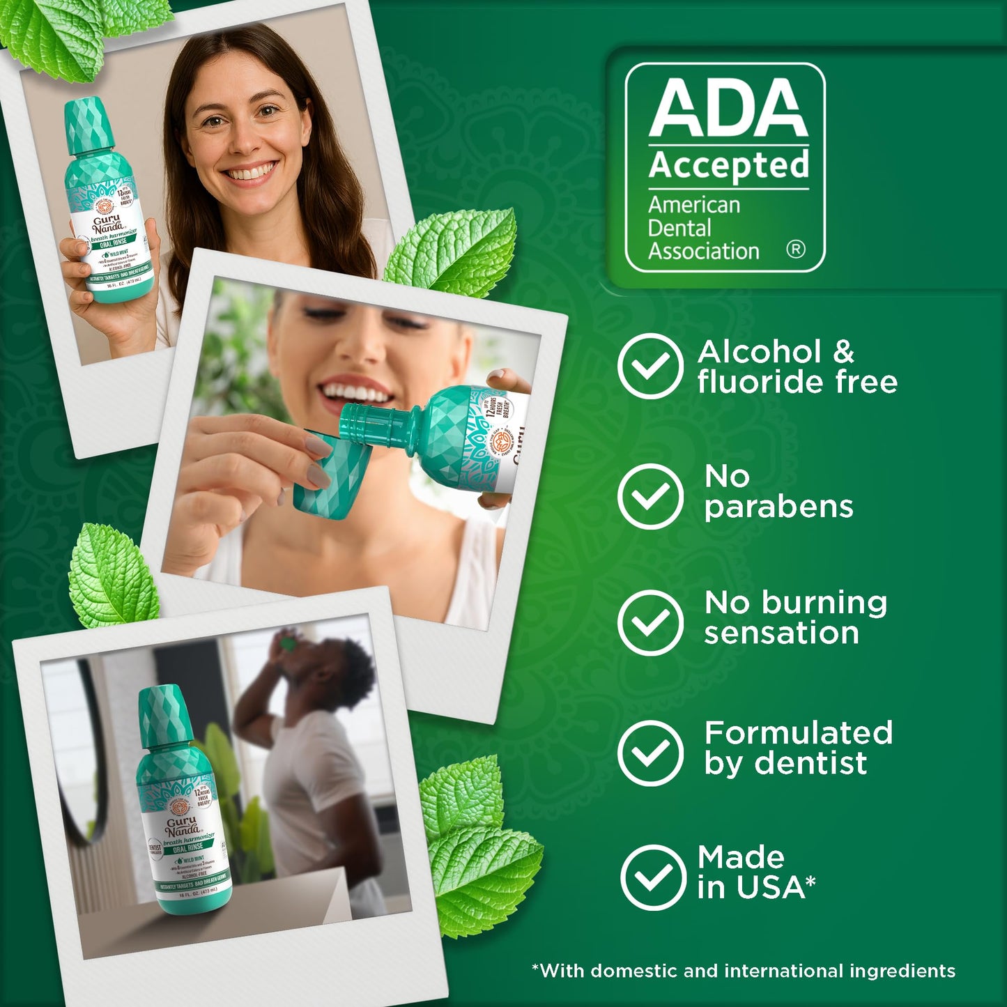 GuruNanda Oral Rinse Fresh Breath Mouthwash, ADA-Accepted Alcohol-Free Mouthwash, 7 Essential Oils & Vitamins, SLS & Flouride-Free, Wild Mint, 16 Oz