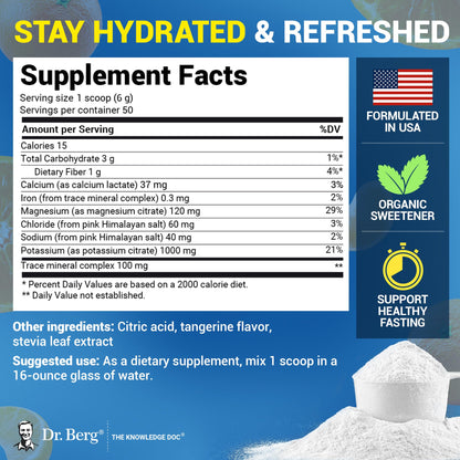 Dr. Berg Zero Sugar Hydration Keto Electrolyte Powder - Enhanced w/ 1000 mg of Potassium & Real Pink Himalayan Salt (NOT Table Salt) - Tangerine Flavor Hydration Drink Mix Supplement - 50 Servings