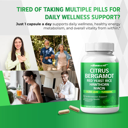 Citrus Bergamot Supplement - 15-in-1 Natural Blend with Red Yeast Rice Hawthorn Olive Leaf Odorless Garlic Turmeric Ginger Fenugreek - 150 Count