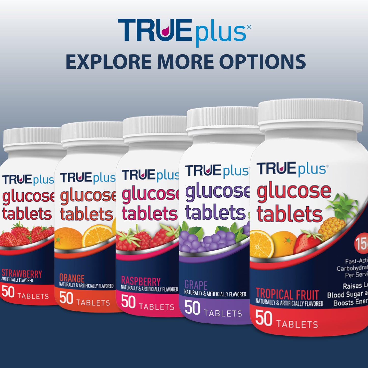 TRUEplus Glucose Tablets, Chewable, Strawberry Flavor, 15g Fast-Acting Carbohydrates, Fat Free, Gluten Free, Boost Energy, 50 Count (Pack of 2)