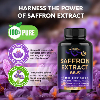 Natural Saffron Supplements - Pure Saffron Extract 88.5 mg - Mood | Focus | Vision | Energy Support - Eye Health for Women & Men - Lab Tested - NonGMO Vegan Pills