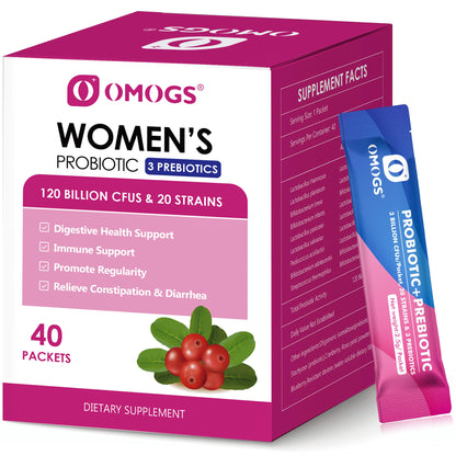 OMOGS Women's Probiotic,120-Billion-CFUs, 18 Strains, with 3 Prebiotics and Cranberry Extract, Help for Immune Booster, Digestive Health, Gut Health and Vaginal Health