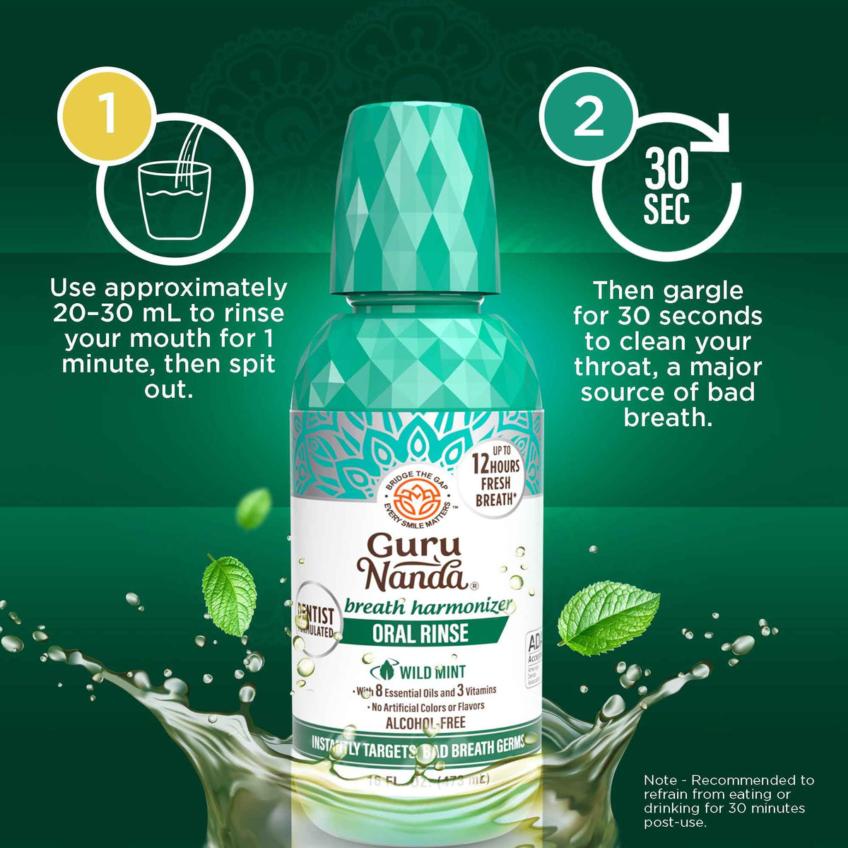 GuruNanda Oral Rinse Fresh Breath Mouthwash, ADA-Accepted Alcohol-Free Mouthwash, 7 Essential Oils & Vitamins, SLS & Flouride-Free, Wild Mint, 16 Oz