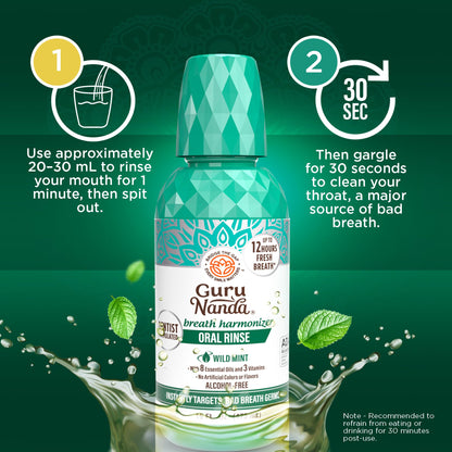GuruNanda Oral Rinse Fresh Breath Mouthwash, ADA-Accepted Alcohol-Free Mouthwash, 7 Essential Oils & Vitamins, SLS & Flouride-Free, Wild Mint, 16 Oz