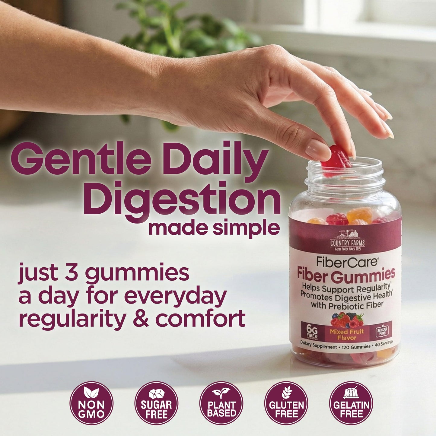 Country Farms Fiber Care Prebiotic Gummies, 6g of Fiber Per Serving, , FOS from Beets, Digestive Health and Bloat, Supports Regularit