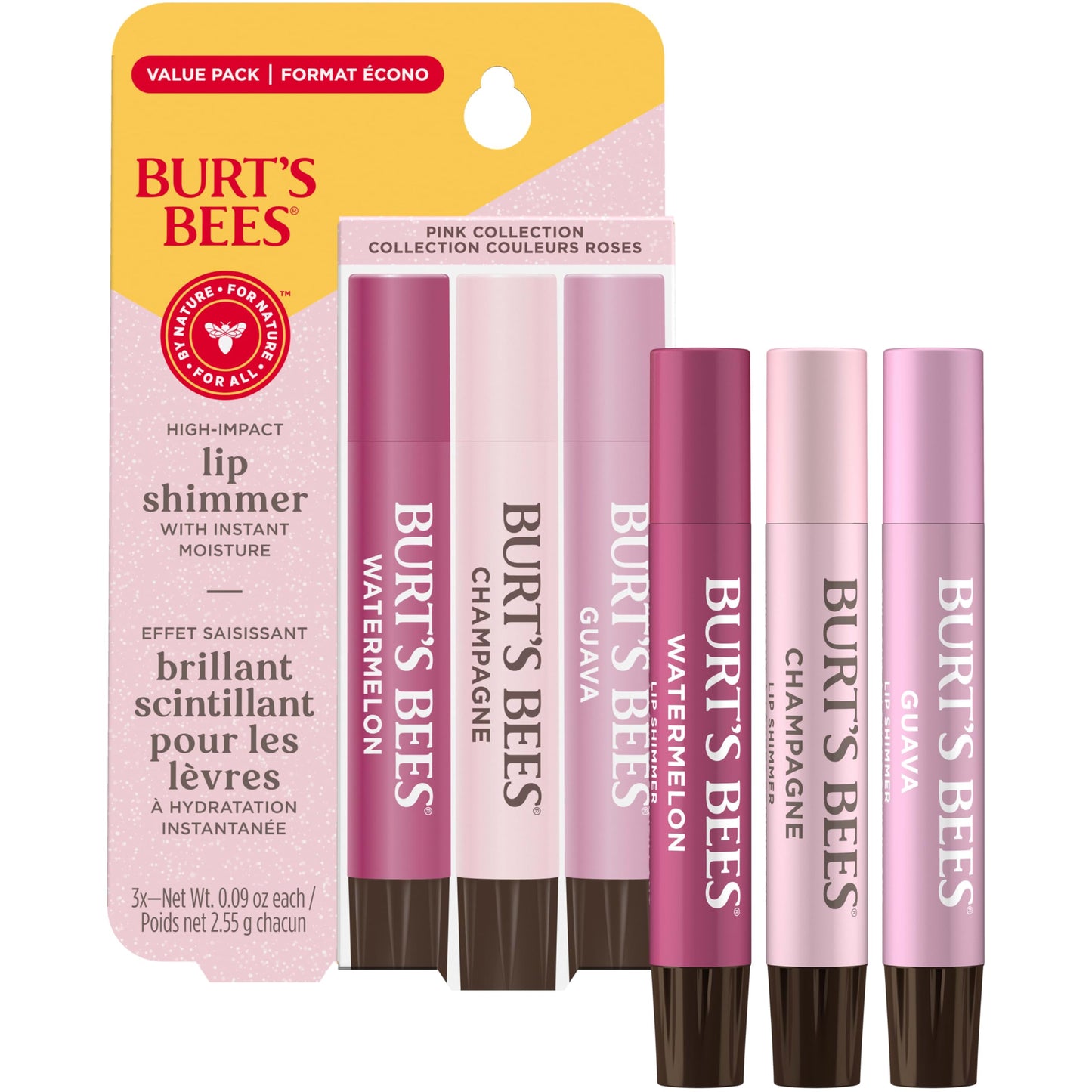 Burt's Bees Lip Shimmer Pink Collection, Tinted Lip Balm Stick, Moisturizing for All Day Hydration with Natural Glowy Pigmented Finish & Buildable Color, 3 Shades, Value Pack, 0.09 oz., Three Tubes