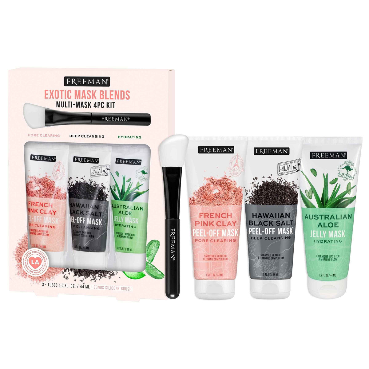 Freeman Exotic Blends Facial Mask 4 Piece Set, Peel-Off & Jelly Masks, Cleansing, Pore-Clearing & Hydrating Facial Masks, For All Skin Types,