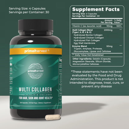 Primal Harvest Multi Collagen Pills for Women and Men (Type I, II, III, V, X) 120 Capsules w/Vitamin C for Hair, Skin, Nails