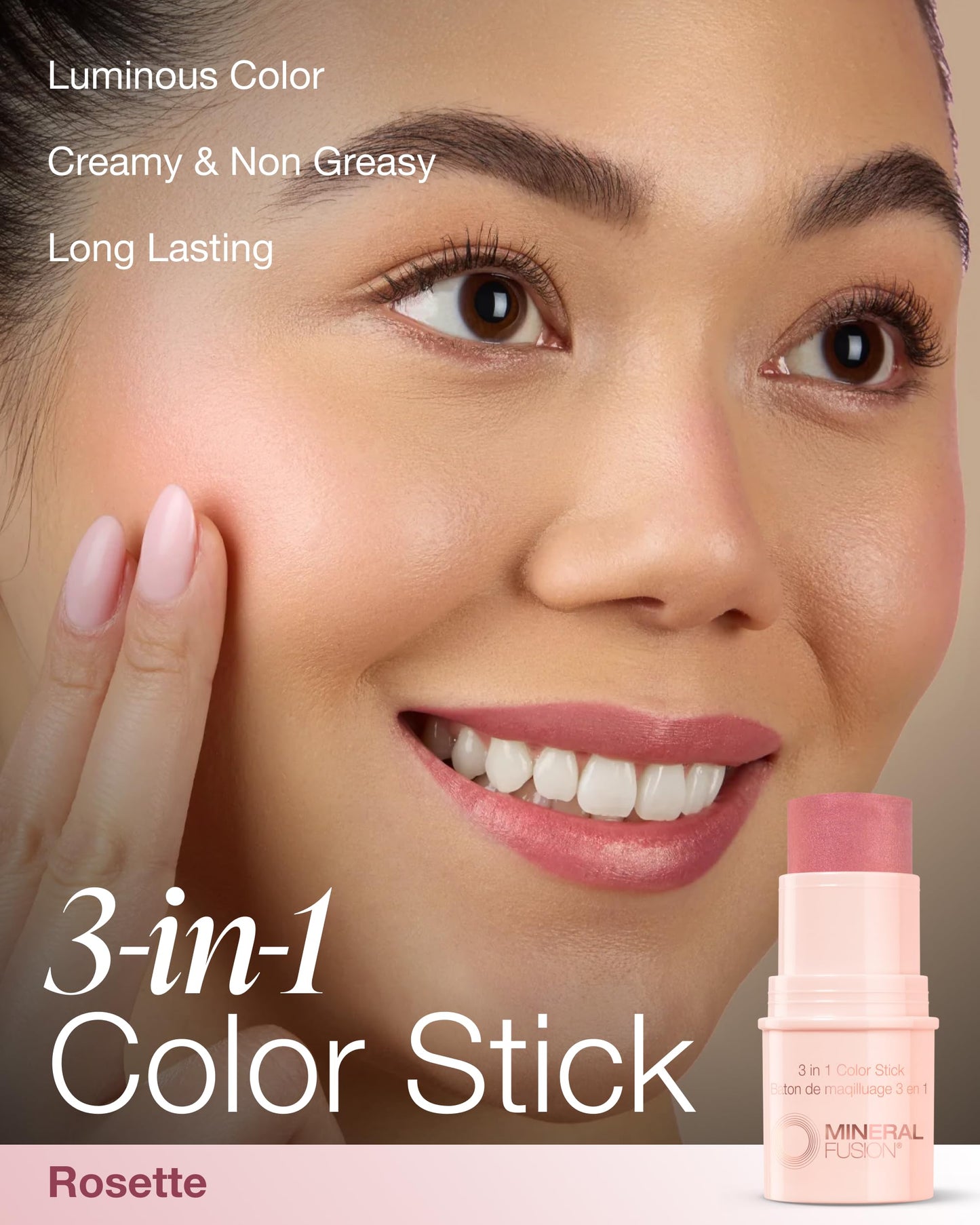 Mineral Fusion 3-in-1 Color Stick - Hydrating Cream Blush Tint for Cheek, Lip and Eye - Natural Multi Use Makeup (Rosette)