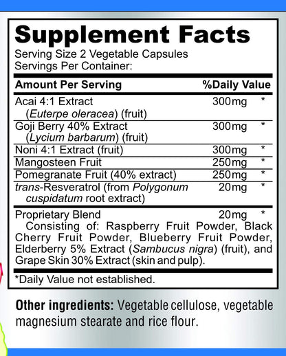 Super Antioxidant Fruit Superfood Complex - Powerful Antioxidant Superfruits, Acai, Goji, Noni, Mangosteen, Pomegranate, Elderberry, Resveratrol,