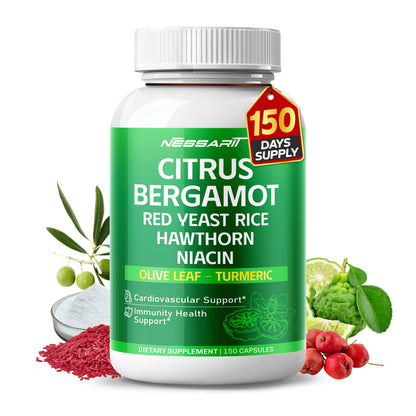Citrus Bergamot Supplement - 15-in-1 Natural Blend with Red Yeast Rice Hawthorn Olive Leaf Odorless Garlic Turmeric Ginger Fenugreek - 150 Count