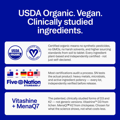 Ora Organic Vitamin D3 5000IU + K2 - Vegan Vitamin D from Lichen and K2 from Chickpeas for Bone Health, Immune Support, & Mood, Maximum Absorption - 1 Month Supply, 30 Chewable Tablets