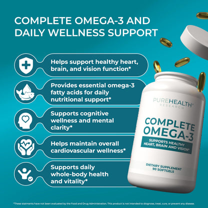 PUREHEALTH RESEARCH Complete Omega 3 Fish Oil Softgels - Omega-3 Fatty Acid Supplements for Women & Men - EPA DHA Supplement for Hearth,