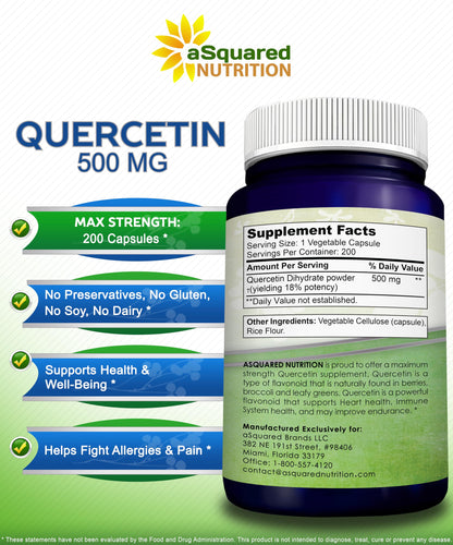 aSquared Nutrition Quercetin 500mg Supplement - 200 Capsules - Quercetin Dihydrate to Support Cardiovascular Health - Max Strength Powder Complex