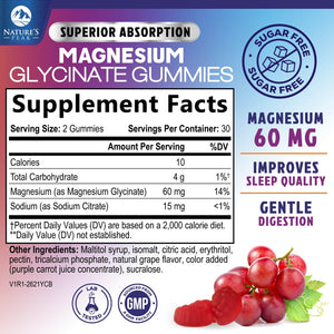 Magnesium Glycinate Gummies - Sugar Free - 100% Chelated Magnesium Gummy Supplement for Max Absorption - for Sleep Support & Heart, Muscle & Bone Health - Gentle on Stomach, Grape Flavor - 60 Gummies Nature's PeakBuy Supplements Australia