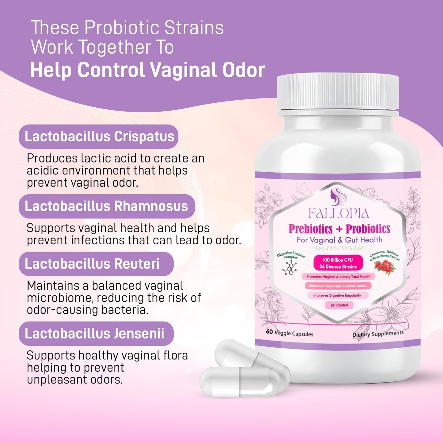 Vaginal Probiotics for Women with Prebiotics Cranberry D Mannose Digestive Enzymes & Hibiscus 34 Strains 100 Billion CFU Feminine Care Supplement for Gut Urinary Health and pH Balance Support