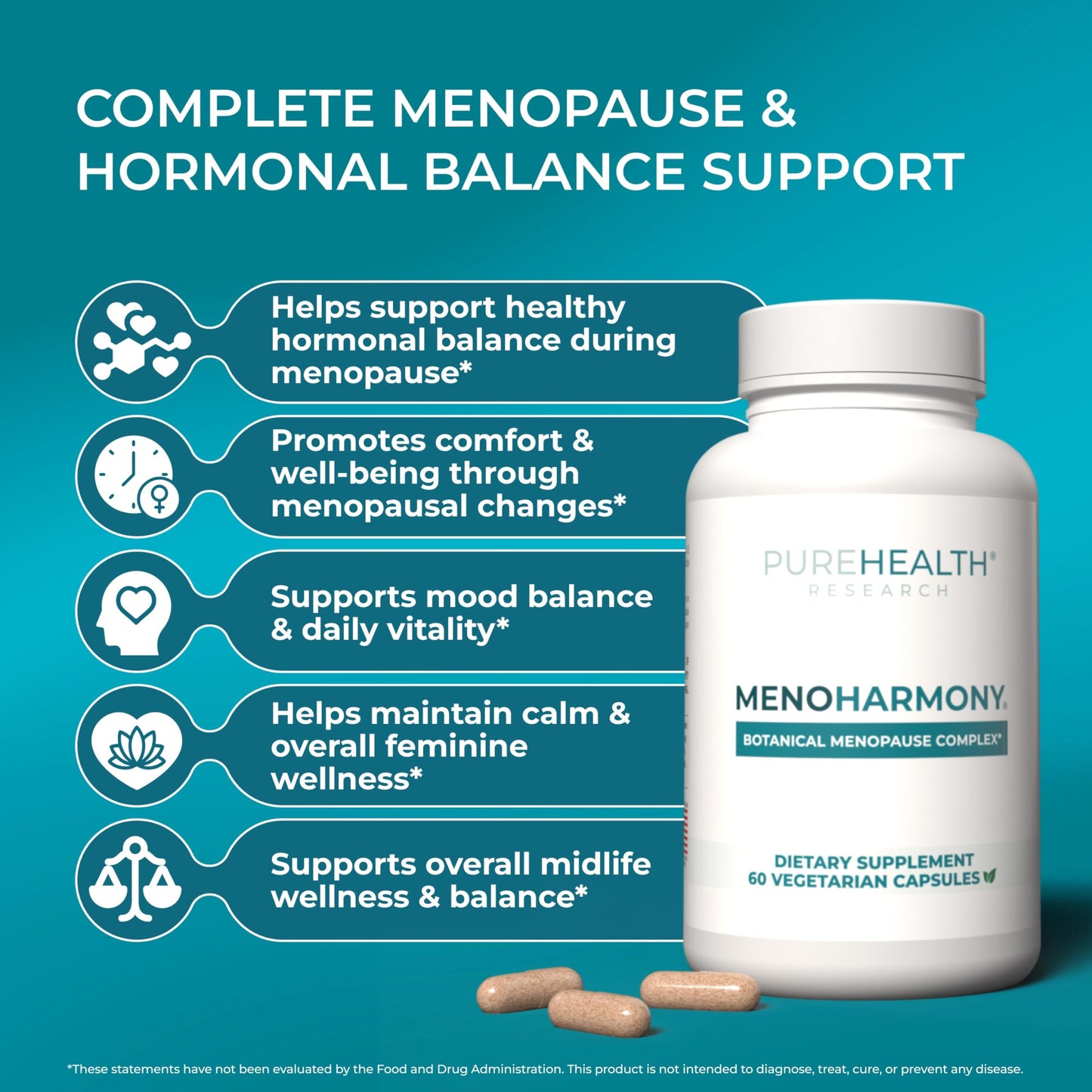 PUREHEALTH Research MenoHarmony - Herbal Menopause Supplement for Women - Female Hormone Balance for Hot Flashes & Night Sweats - with Passion Flower, Red Clover, Hops, Sage & More - 60 Capsules