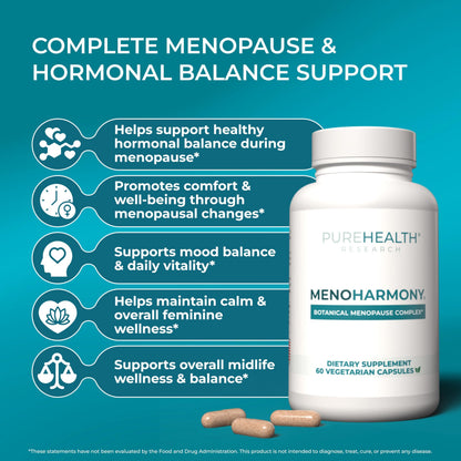 PUREHEALTH Research MenoHarmony - Herbal Menopause Supplement for Women - Female Hormone Balance for Hot Flashes & Night Sweats - with Passion Flower, Red Clover, Hops, Sage & More - 60 Capsules