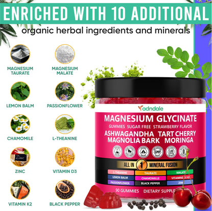 Adndale Magnesium Glycinate 400 mg Gummies with Ashwagandha, Magnesium Malate & Taurate, Tart Cherry, Magnolia Bark, Lemon Balm, Passionflower