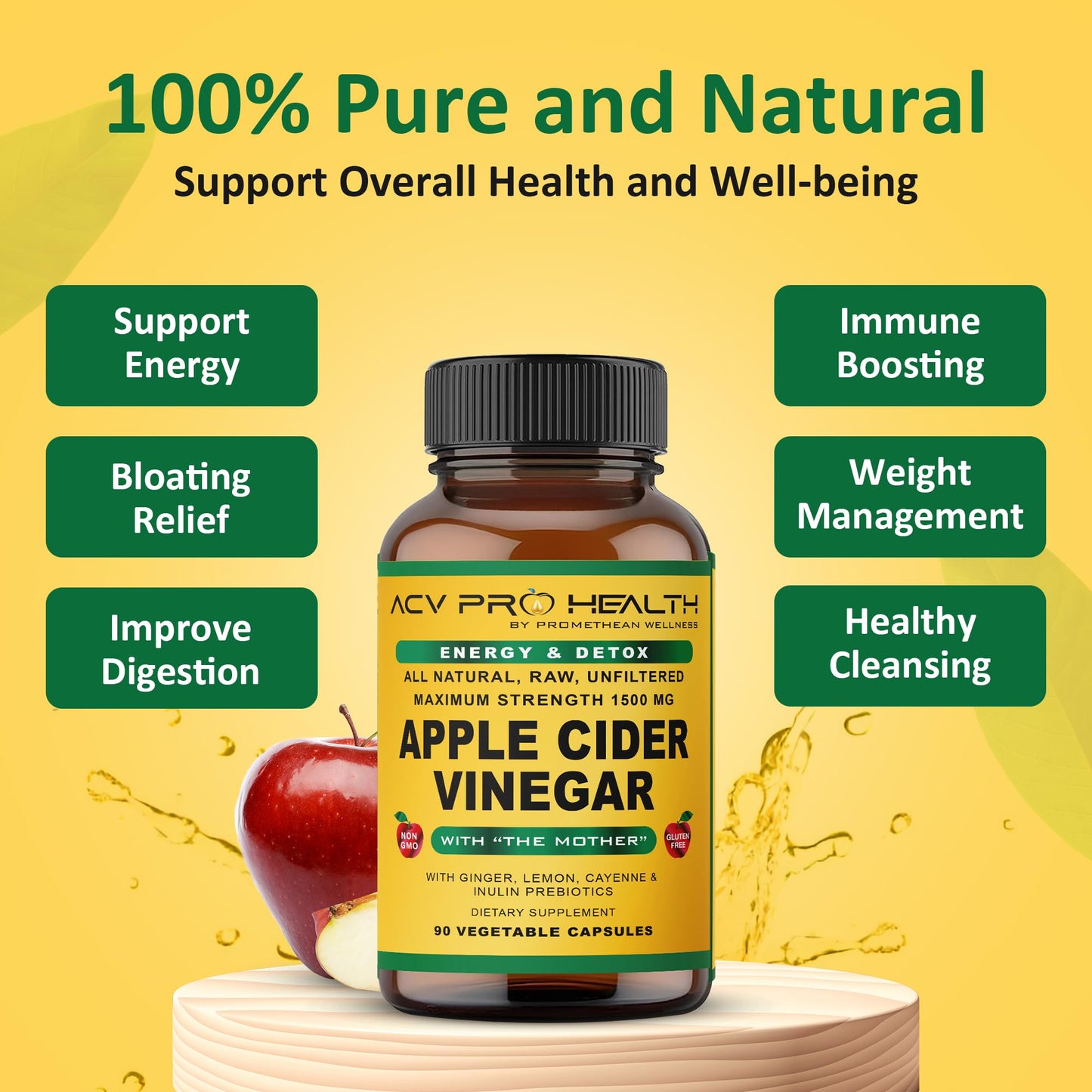 Promethean Wellness ACV Pro Apple Cider Vinegar Capsules Certified Organic with Mother ACV Pills Detox Cleanse Acid Reflux Relief Support Supplement Ginger