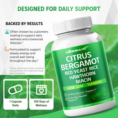 Citrus Bergamot Supplement - 15-in-1 Natural Blend with Red Yeast Rice Hawthorn Olive Leaf Odorless Garlic Turmeric Ginger Fenugreek - 150 Count