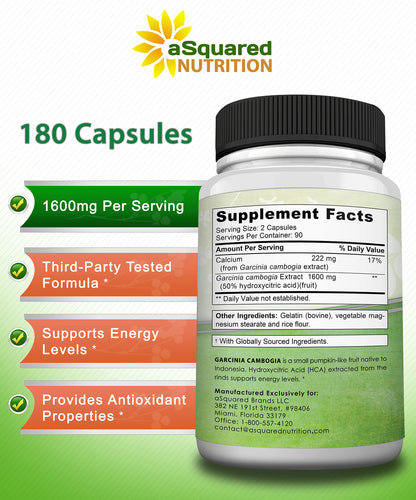 aSquared Nutrition Garcinia Cambogia 1600mg-180 Capsules-Natural Pure Extract Pills for Brain Health- Standardized Ultra HCA & Garcinia Cambogia Supplement