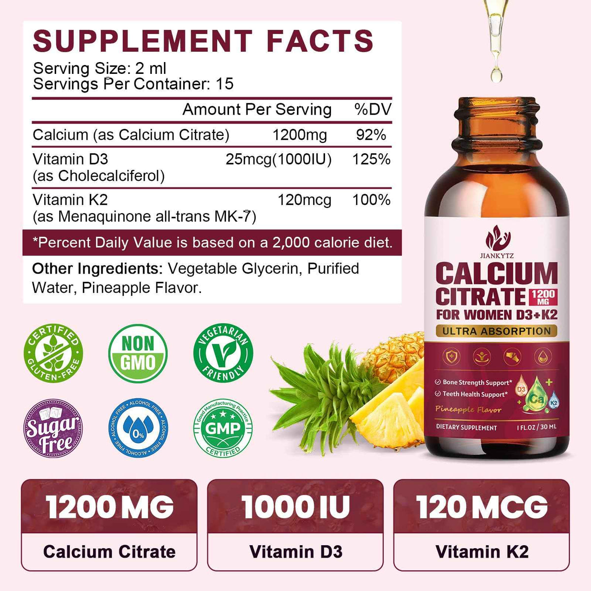 (2 Pack) Calcium Citrate with Vitamin D3 Liquid Drops for Women - Bones, Teeth, Immune Support, 1200mg Calcium Citrate Liquid Drops
